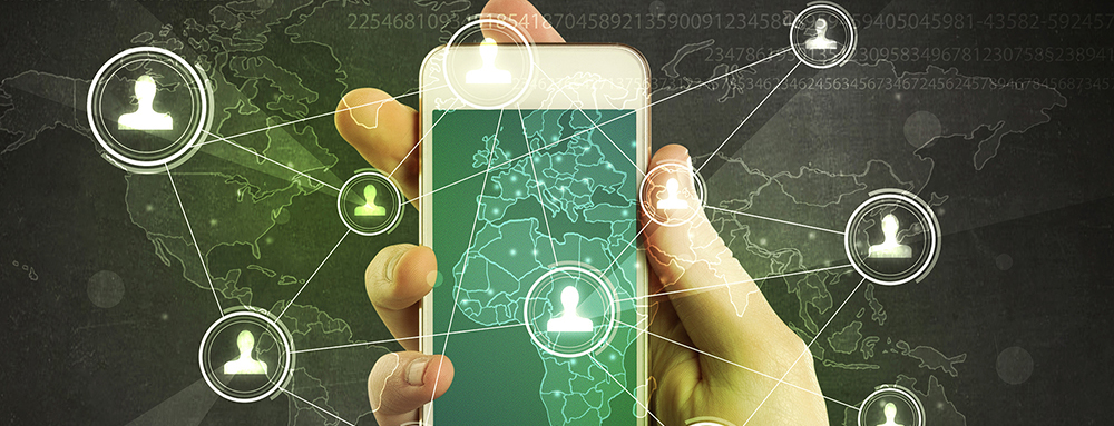 Caucasian hand in business suit holding a smartphone, social network concept